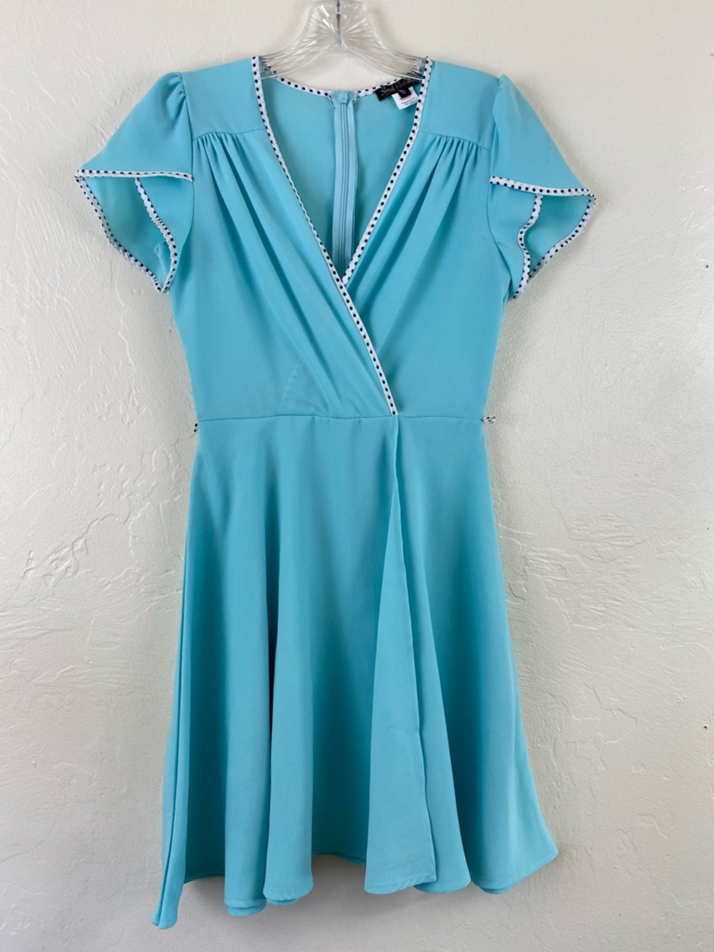 Unique Vintage Smak Parlour Small Baby Blue Short Sleeve Wrap Swing Midi Dress